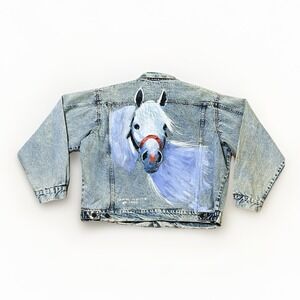 Vintage Hand Painted Denim Jacket Horse Signed Jack White Texas Medium Western